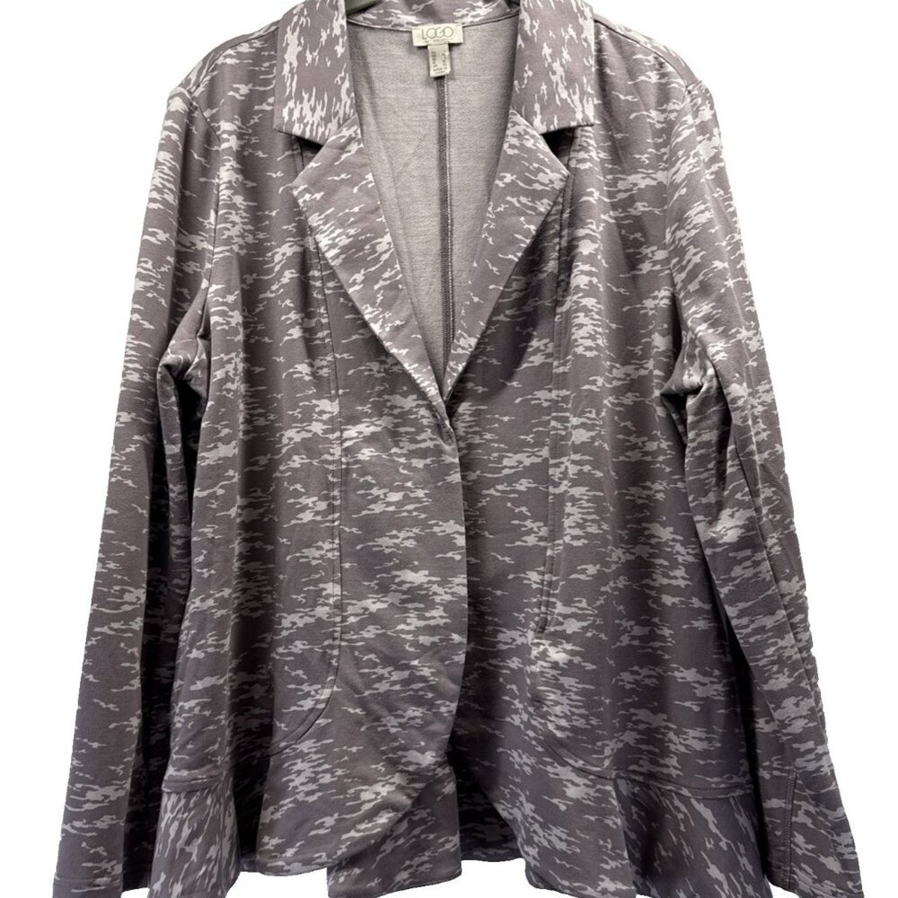 LOGO Lori Goldstein Womens Jacket Size L Snap Long Sleeve Pale Purple Ruffle Hem